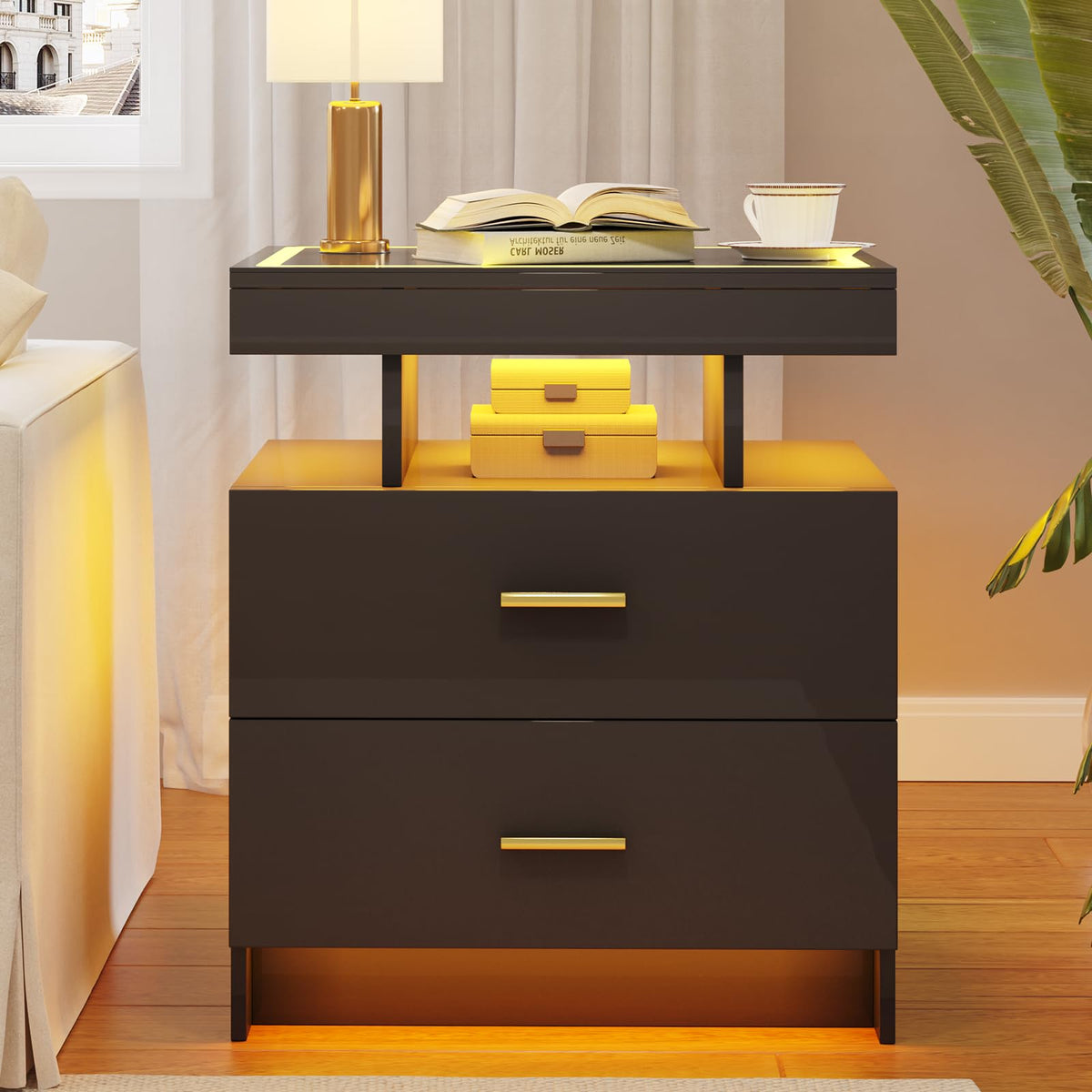 Black LED Nightstand with Wireless Charging Station D7806