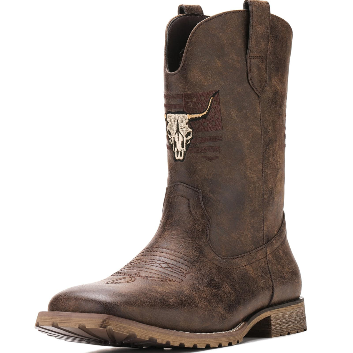 Vintage Distressed Brown Square Toe Mid-Calf Cowboy Boots X736943