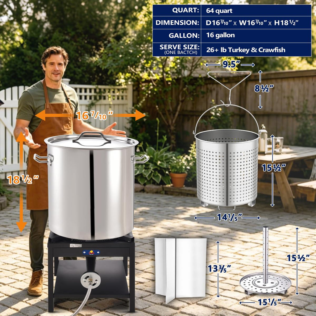 64QT Stainless Steel Stockpot with Basket V70528