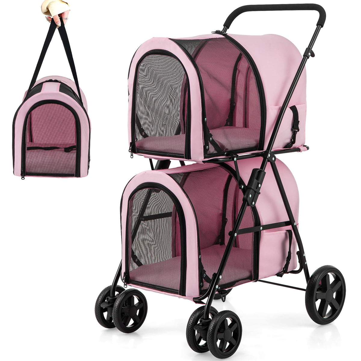 Double Pet Stroller with 2 Detachable Carrier Bags Pink C20878