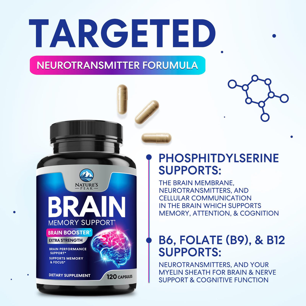 120 Capsules Brain Memory Supplement with Vitamin B6 B12 Folate & Phosphatidylserine P81654