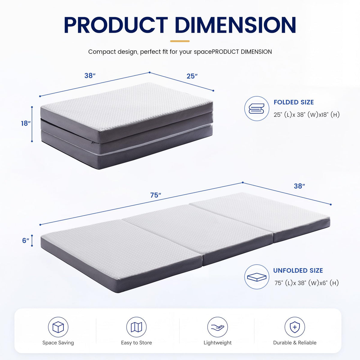 6 Inch Memory Foam Trifold Folding Mattress V17112