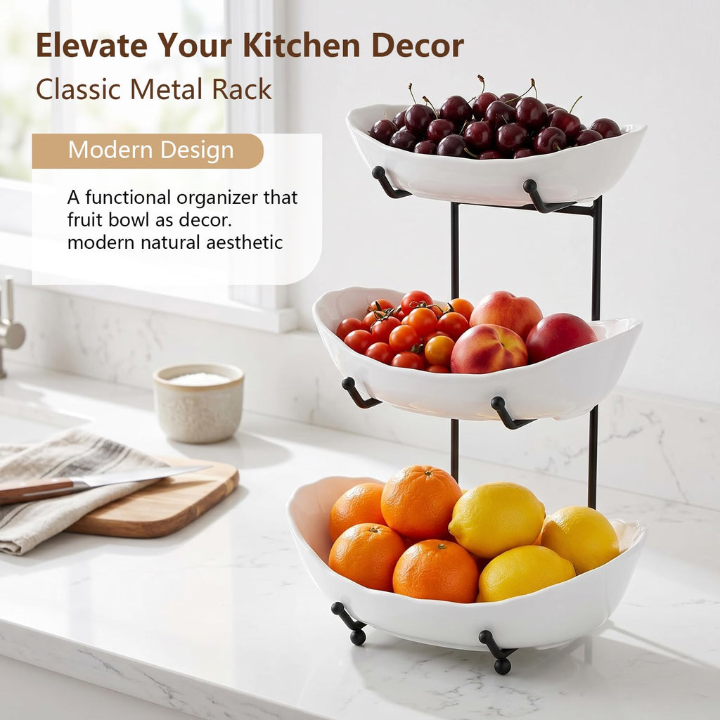 3 Tier Ceramic Fruit Bowl with Metal Stand O158