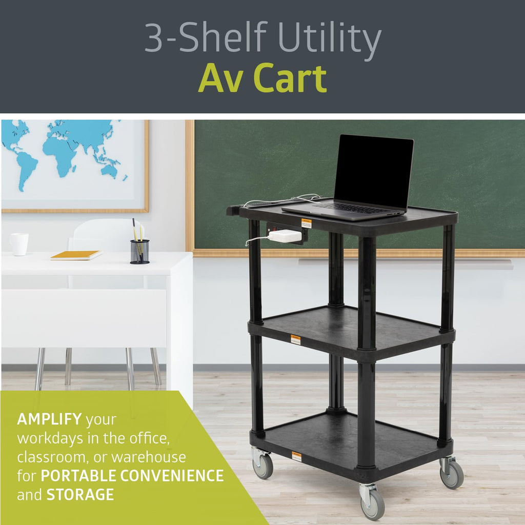 3-Shelf Mobile Utility Cart with 3 Outlets and 8' Cord, Black N1814