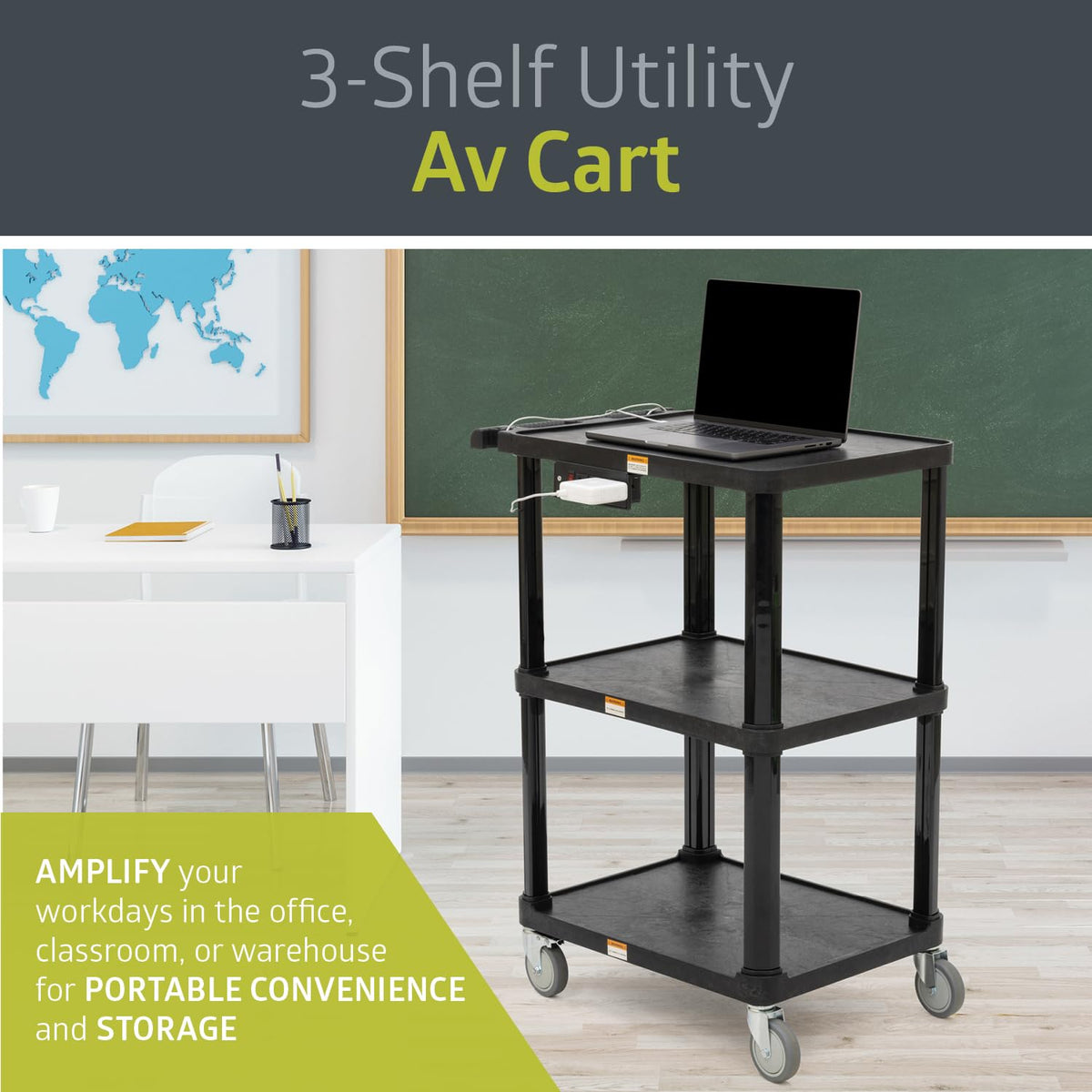 3-Shelf Mobile Utility Cart with 3 Outlets and 8' Cord, Black N1814