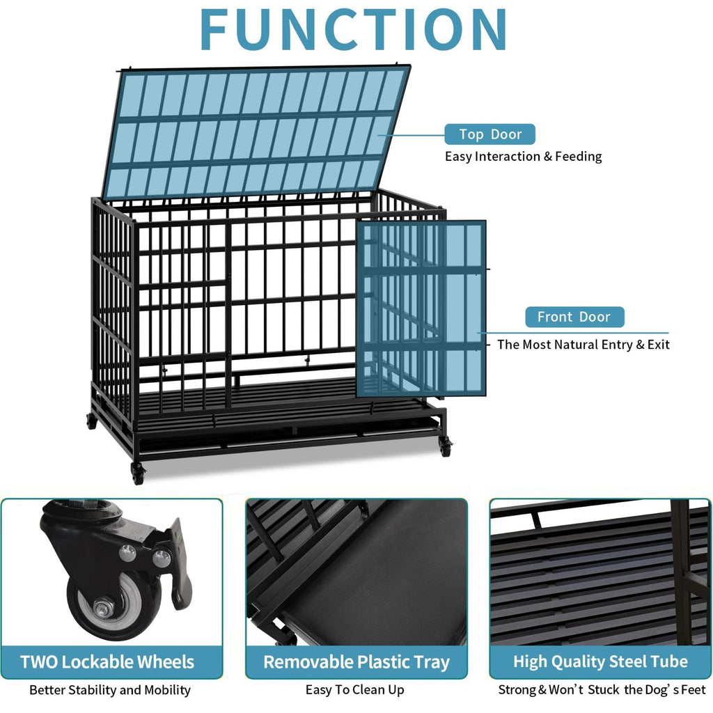 48 Inch Heavy Duty Metal Dog Crate with Wheels L230125