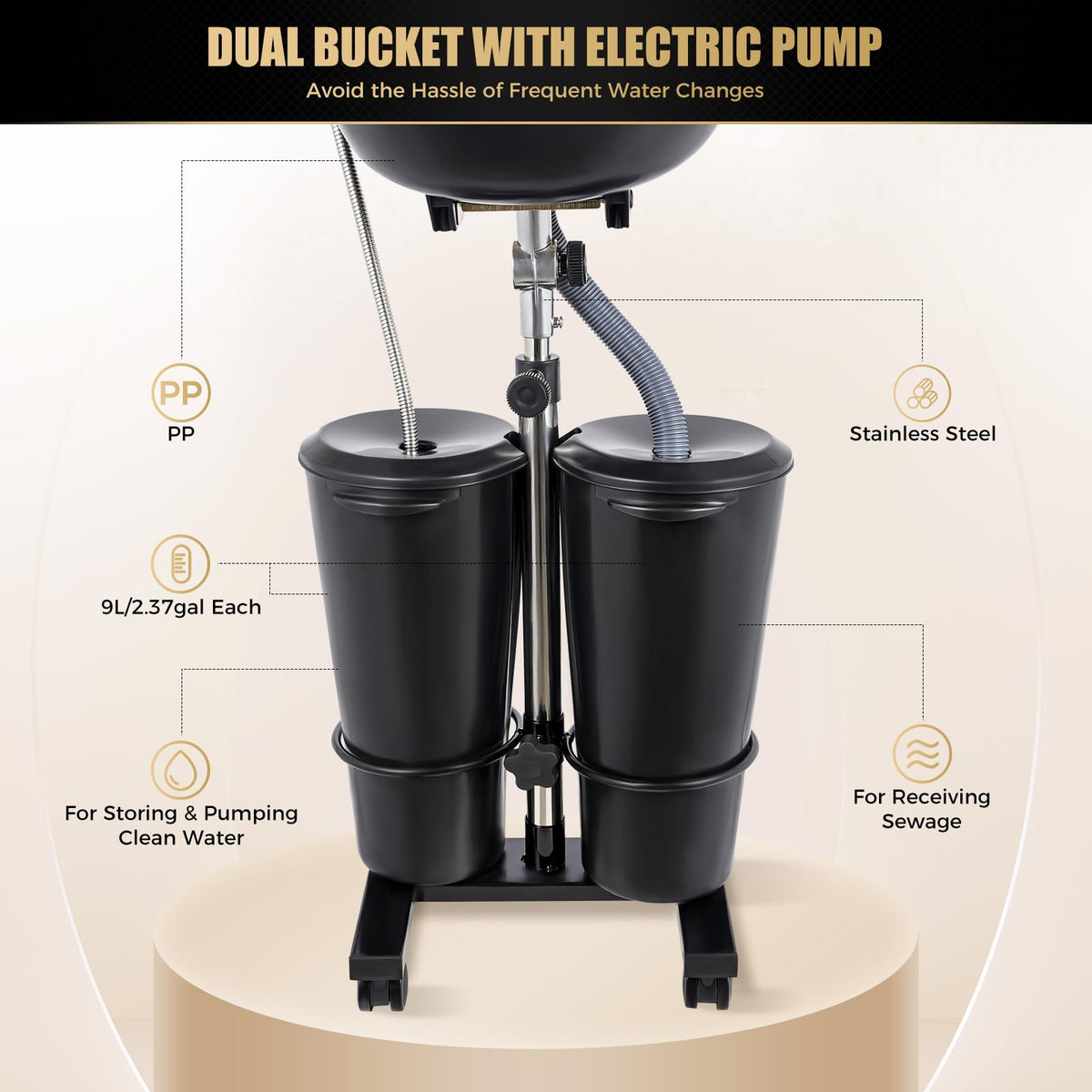 Portable Shampoo Bowl with Electric Pump, 2.64 Gallons, Height Adjustable B75902