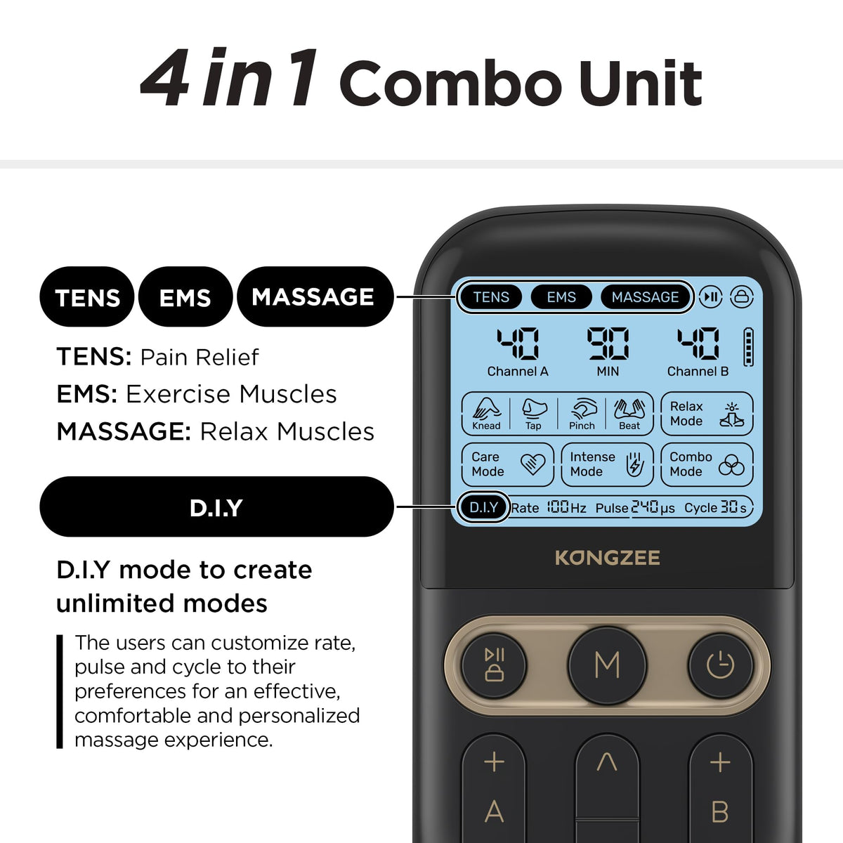 4 in 1 TENS Unit EMS Massage Muscle Stimulator Dual Channel Rechargeable V59104