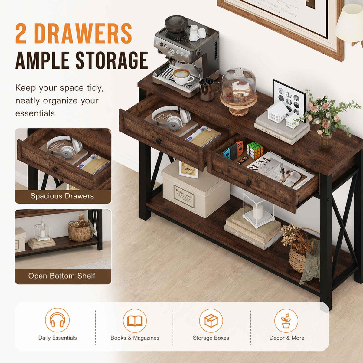 Rustic Oak 47 Inch Console Table with 2 Drawers Q22514
