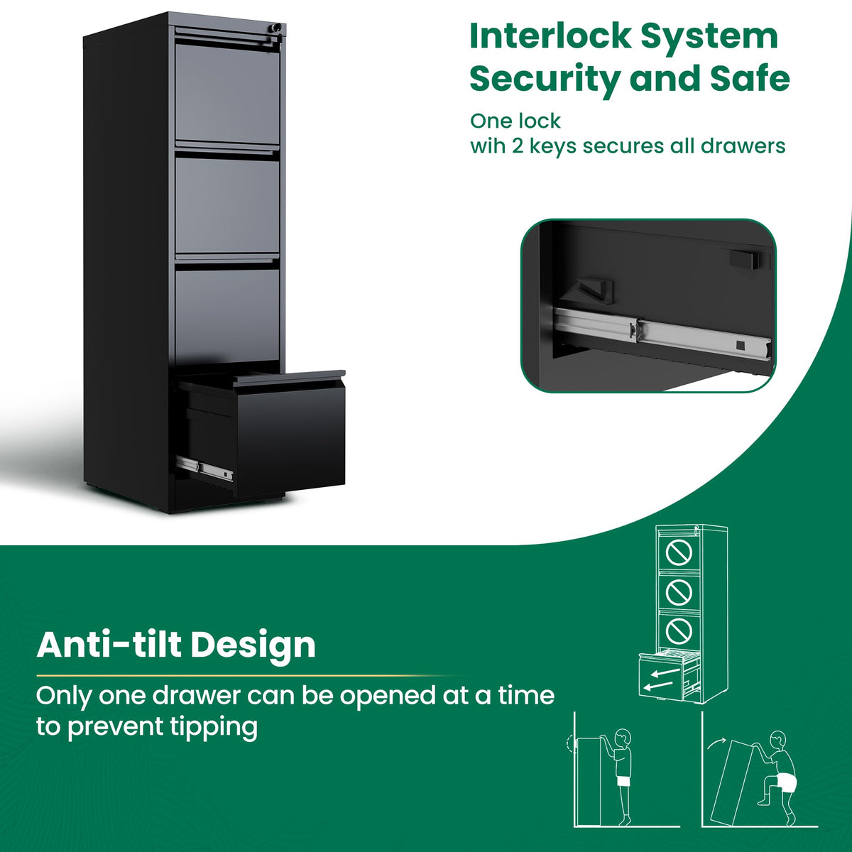 Black 4 Drawer Metal File Cabinet with Lock D16161