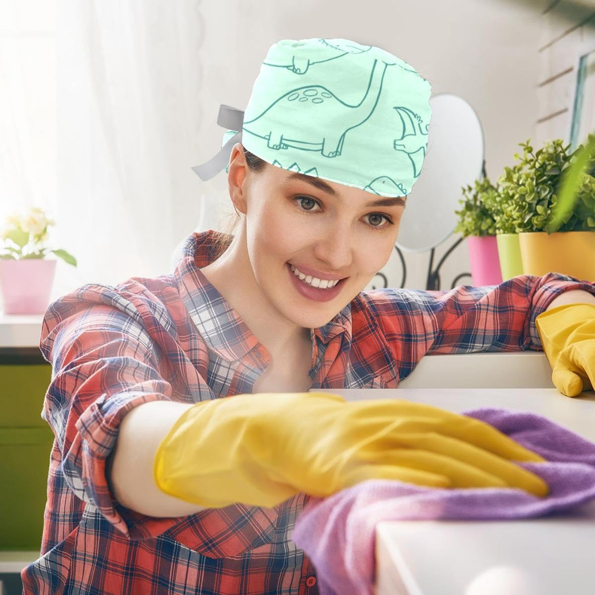 Women's Working Caps Bouffant Surgical Cap with Bow Scrunchies Ponytail Holder Tie Back Scrub Hat E79735