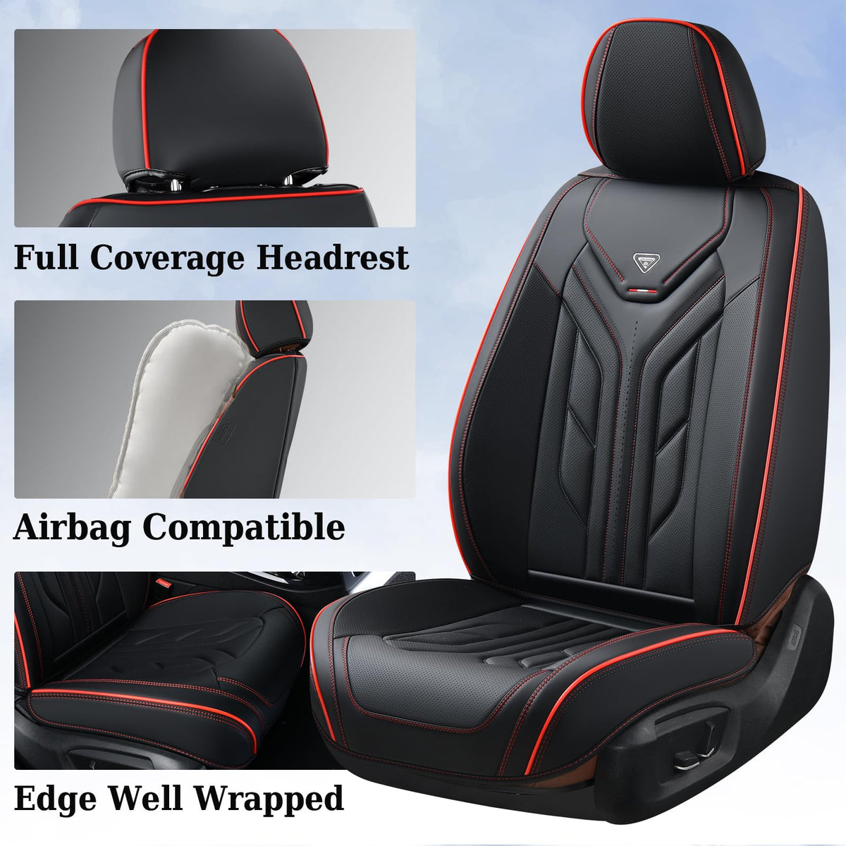 Black & Red Leather Car Seat Covers Full Set C374