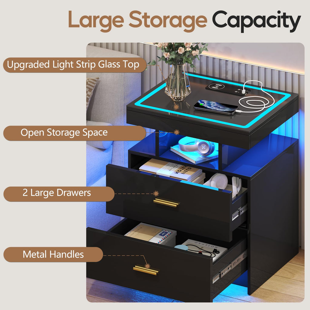Black LED Nightstand with Wireless Charging Station D7806
