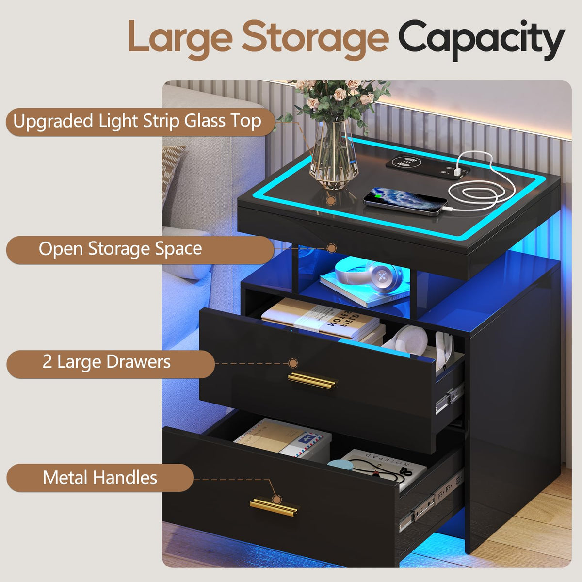 Black LED Nightstand with Wireless Charging Station D7806