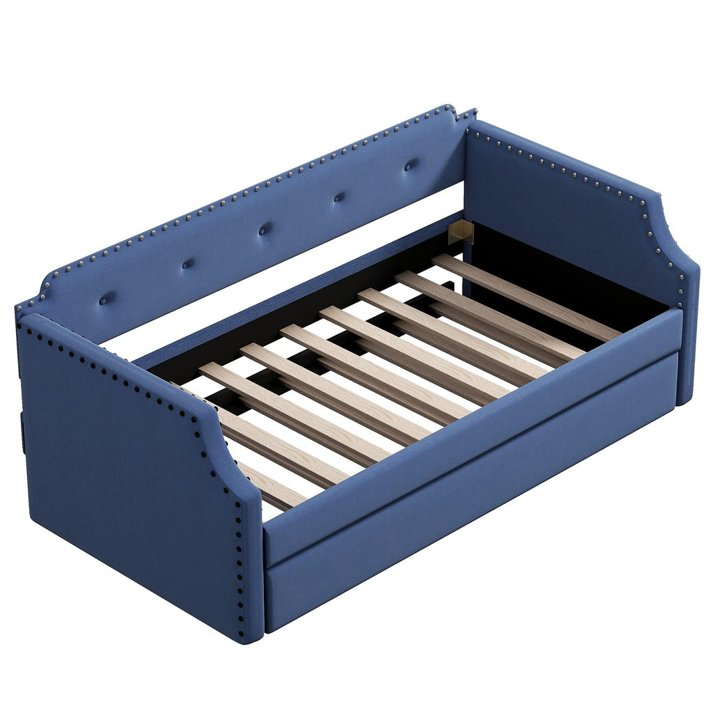 Blue Linen Fabric Upholstered Twin Daybed with Trundle I957440