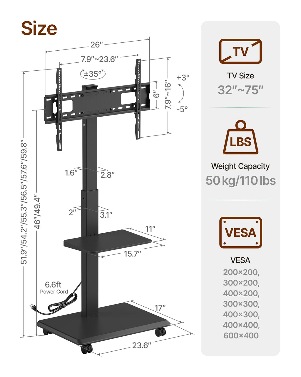 Rolling TV Stand with Power Outlet for 32-75 inch TVs G227020