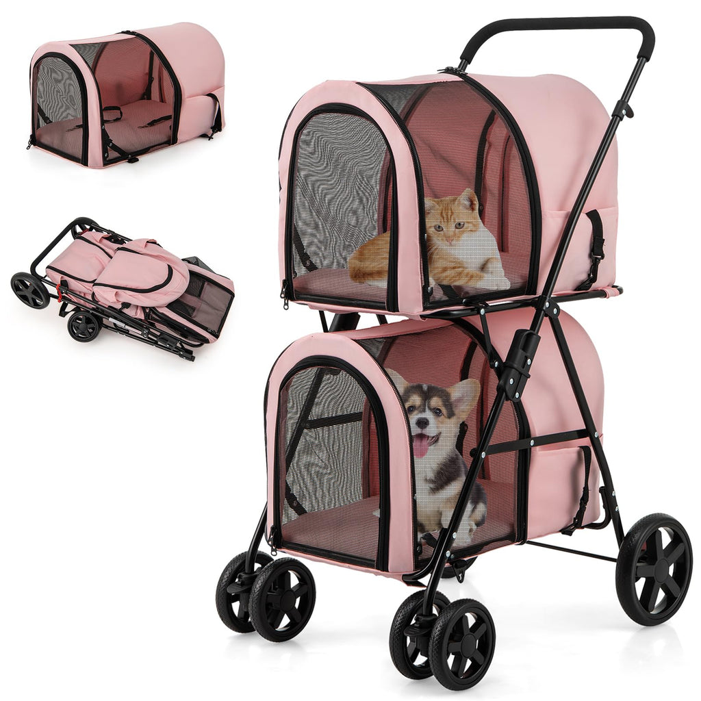 Double Pet Stroller with 2 Detachable Carrier Bags Pink C20878