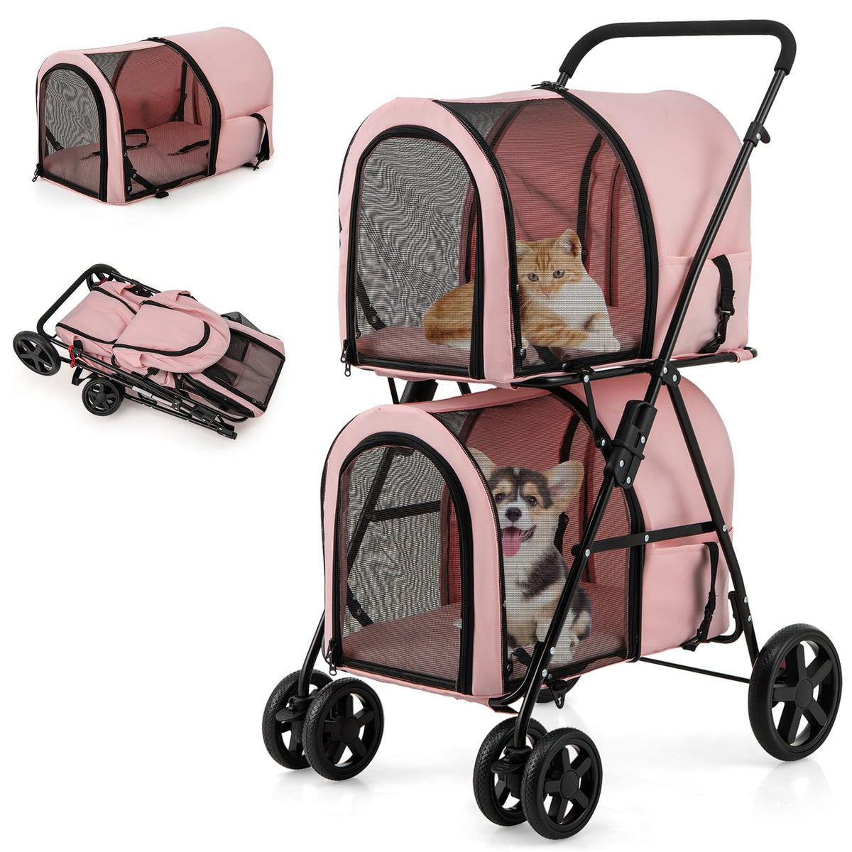Double Pet Stroller with 2 Detachable Carrier Bags Pink C20878