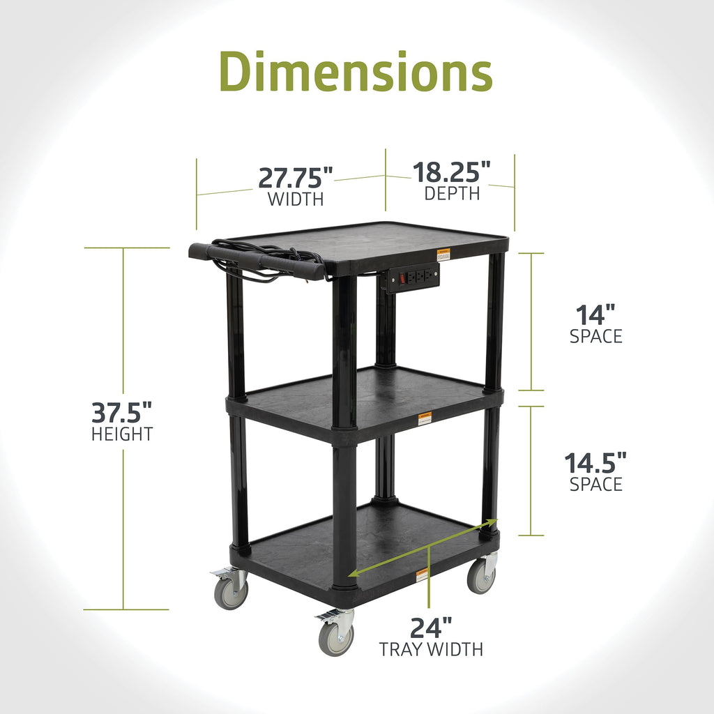 3-Shelf Mobile Utility Cart with 3 Outlets and 8' Cord, Black N1814