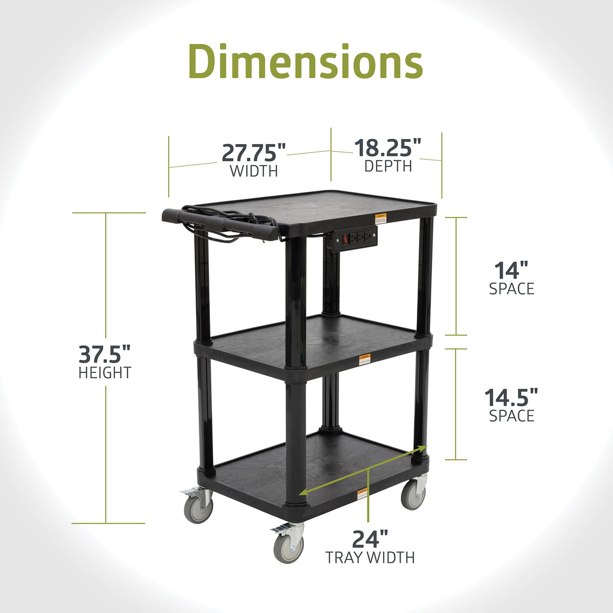 3-Shelf Mobile Utility Cart with 3 Outlets and 8' Cord, Black N1814