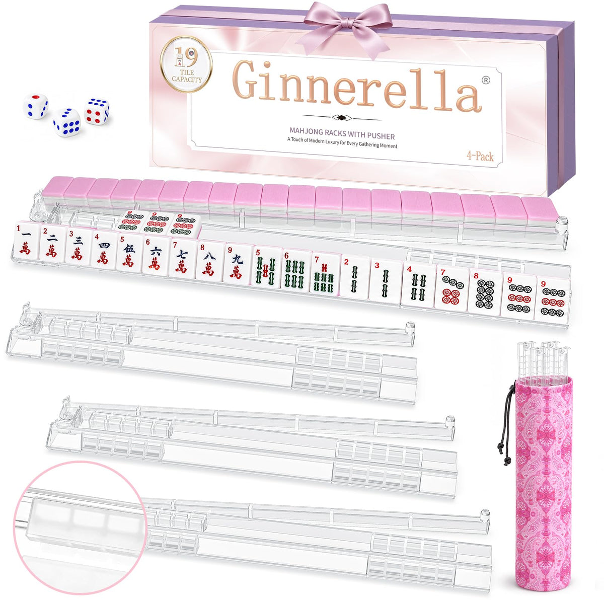 Set of 4 Clear Acrylic Non-slip Mahjong Racks with Pushers H4675