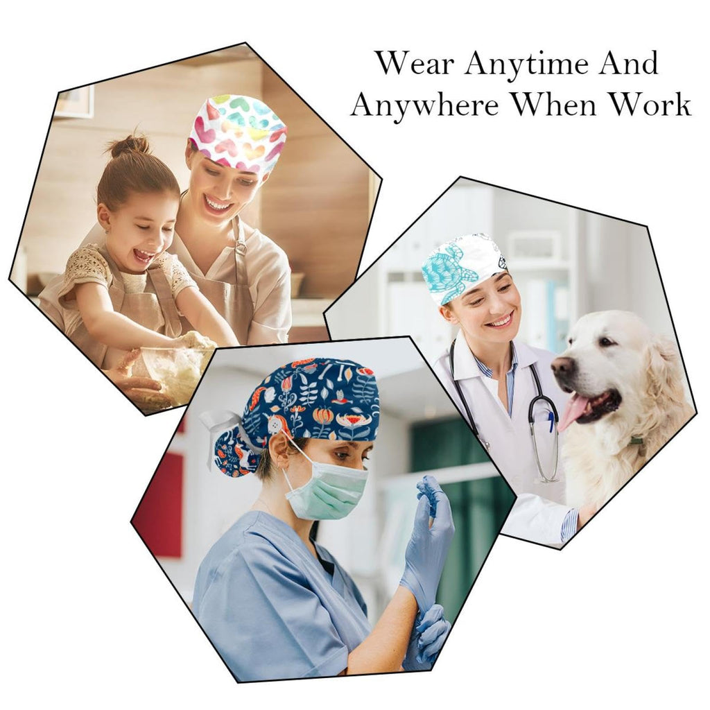 Women's Working Caps Bouffant Surgical Cap with Bow Scrunchies Ponytail Holder Tie Back Scrub Hat E79735