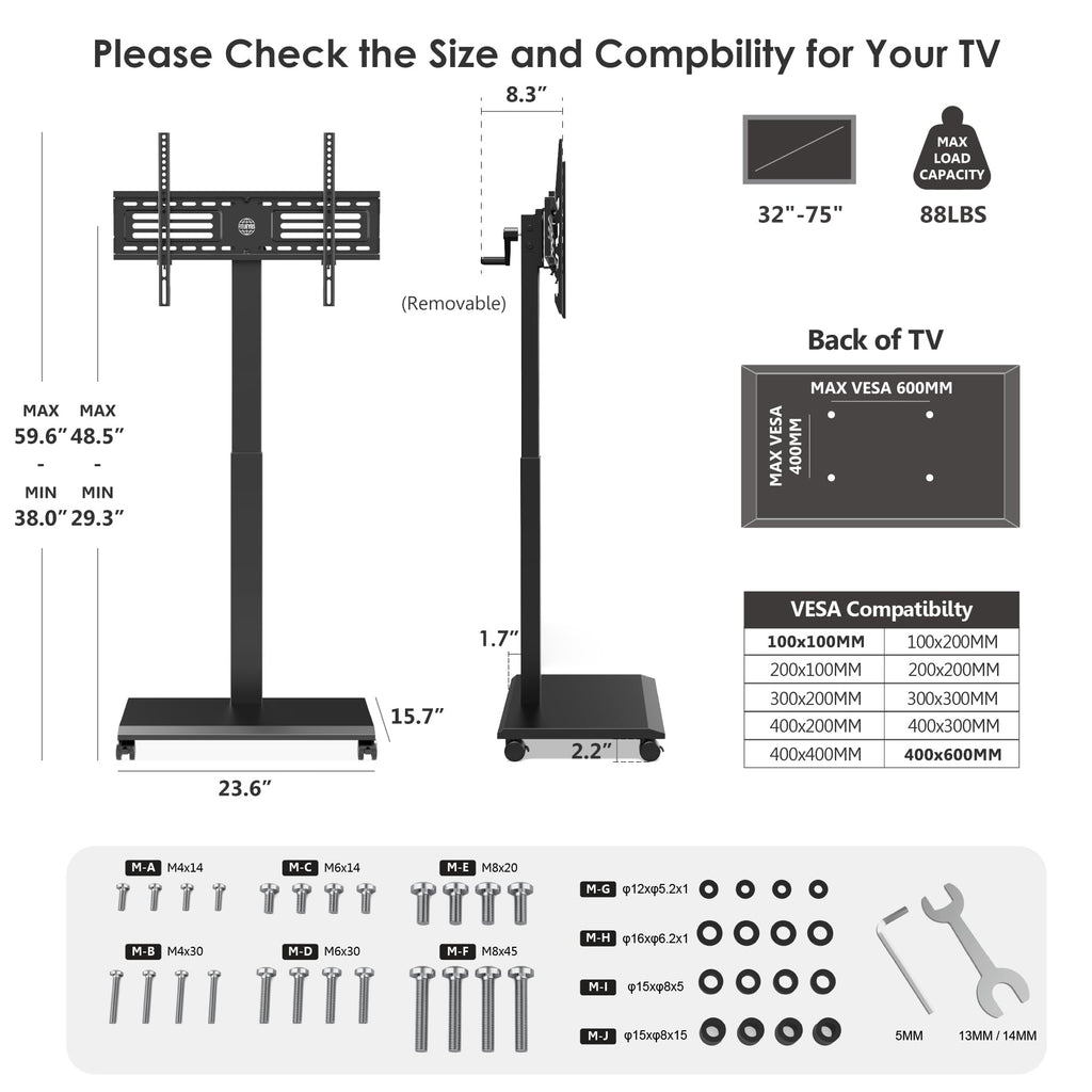 Hand Crank Lift TV Stand with Wheels for 32-75 Inch TVs, Black B879