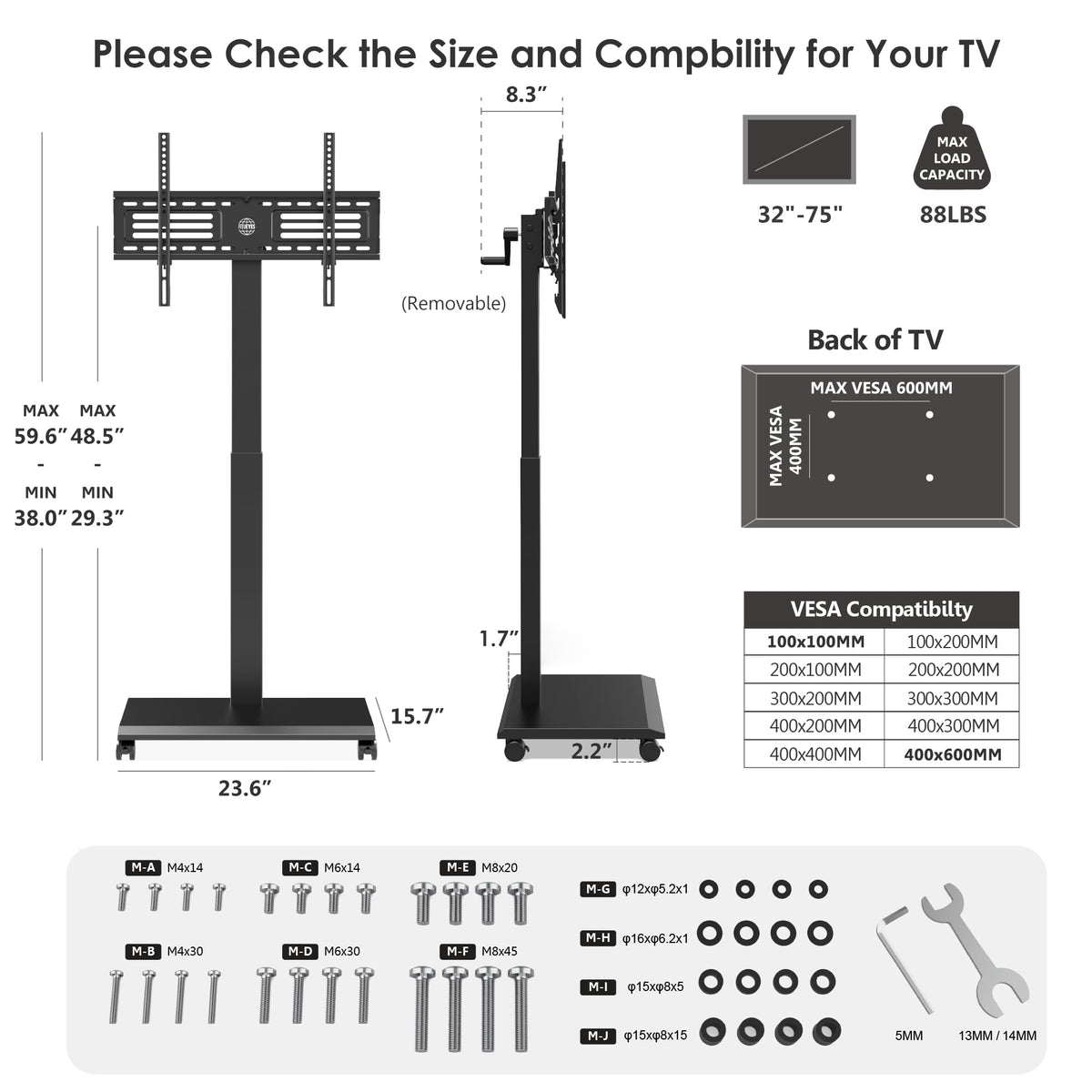 Hand Crank Lift TV Stand with Wheels for 32-75 Inch TVs, Black B879