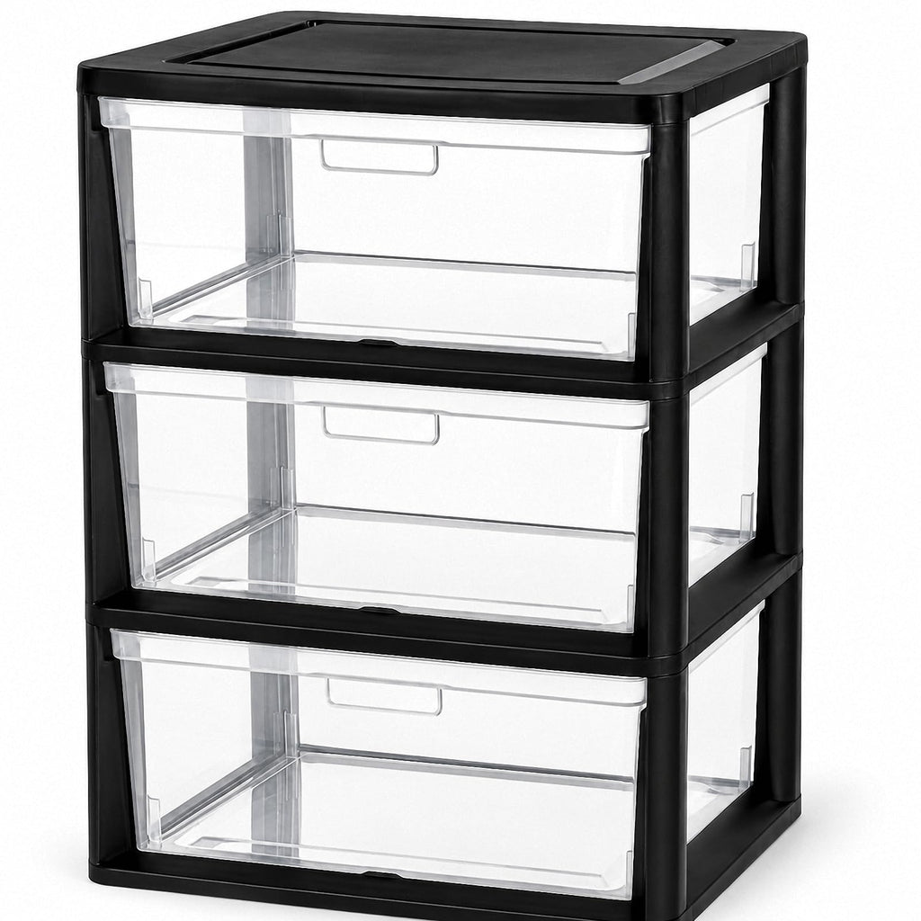 Black 3 Drawer Plastic Storage Tower with Clear Bins O5135
