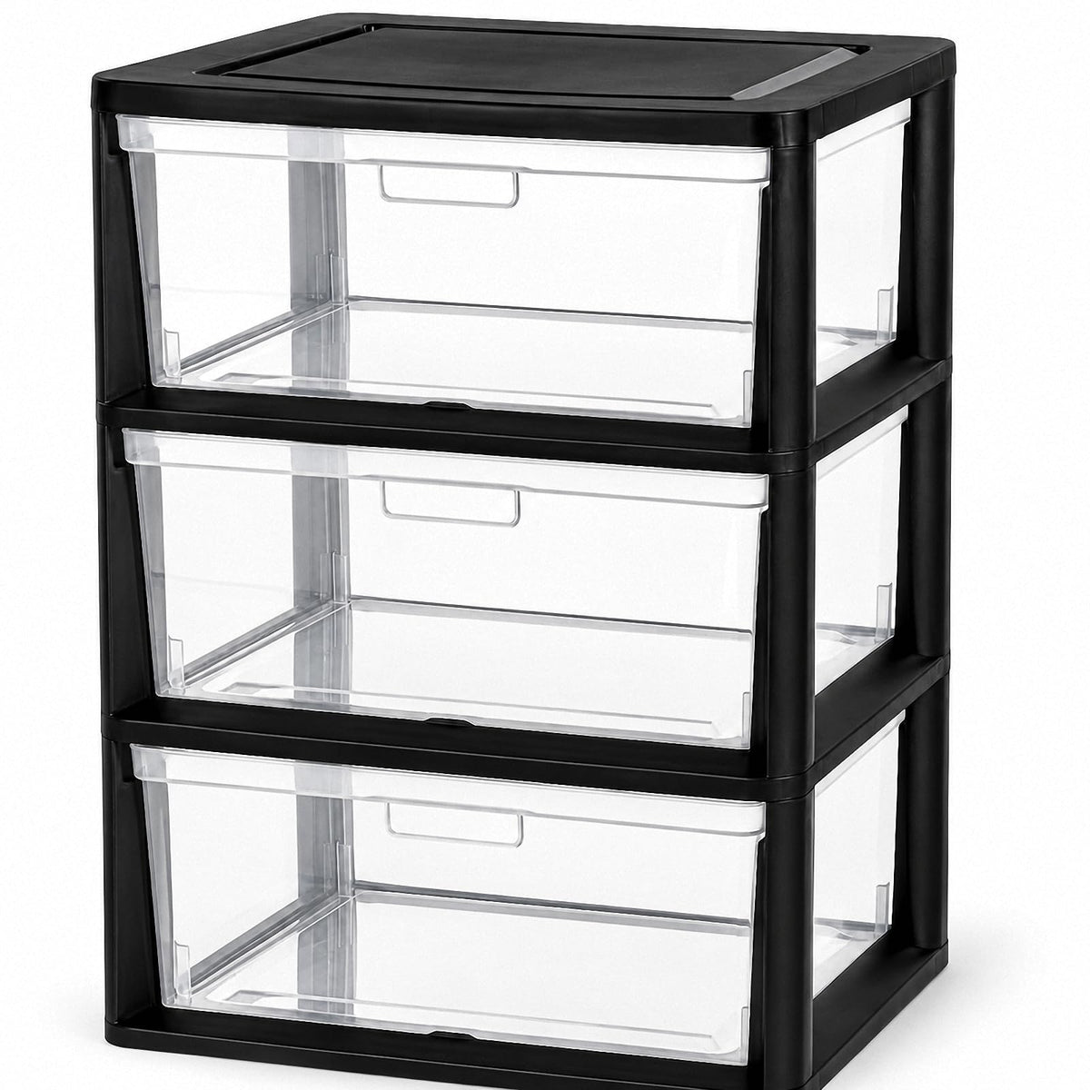 Black 3 Drawer Plastic Storage Tower with Clear Bins O5135