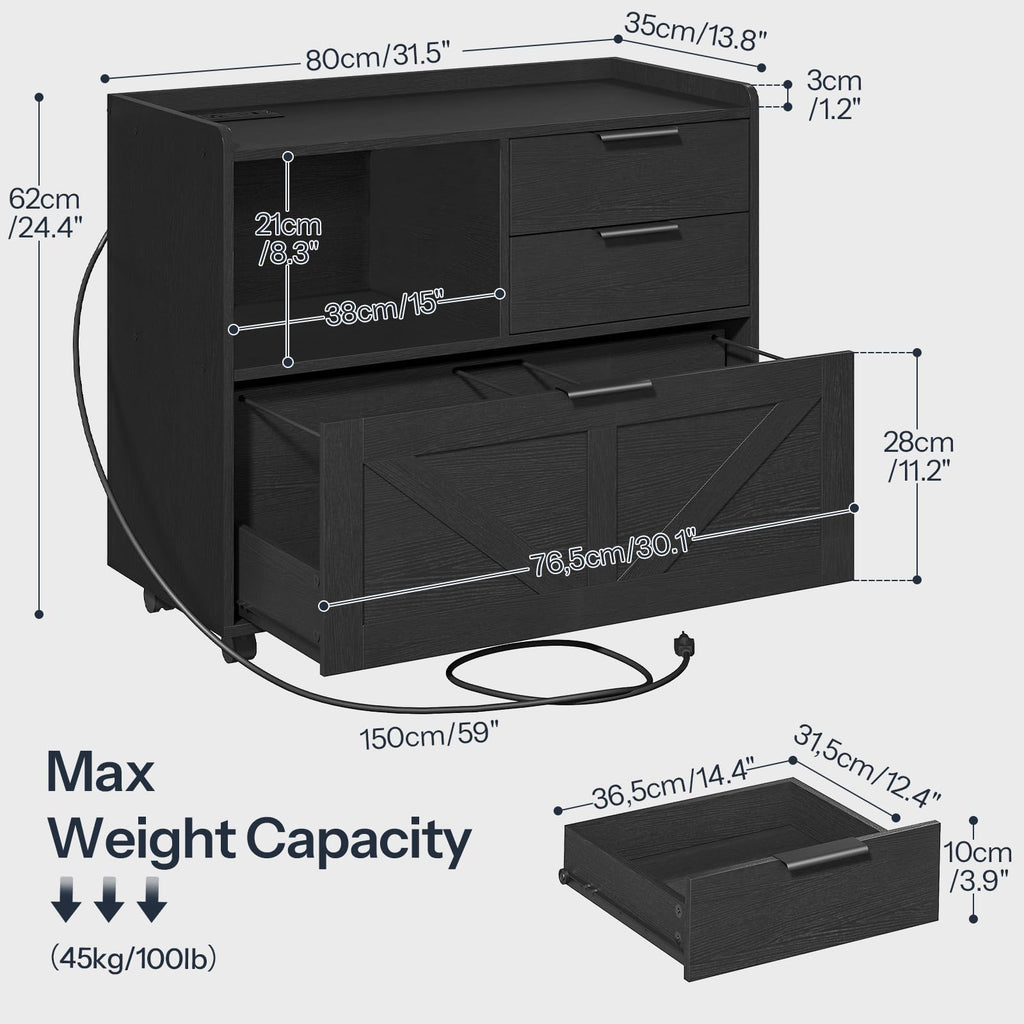Black Wood Lateral File Cabinet with Charging Station X970866