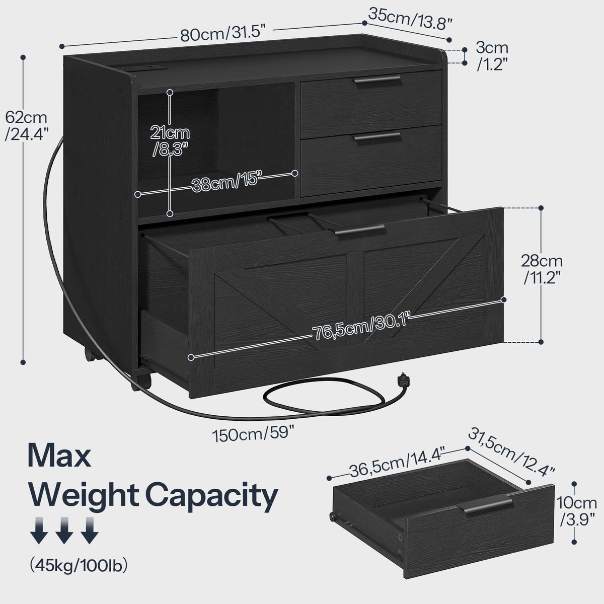 Black Wood Lateral File Cabinet with Charging Station X970866
