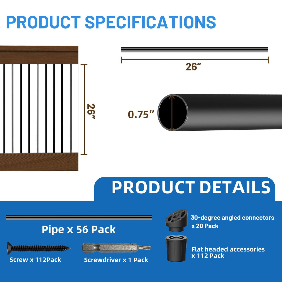 56 Pack 26 inch Black Round Aluminum Balusters I95421
