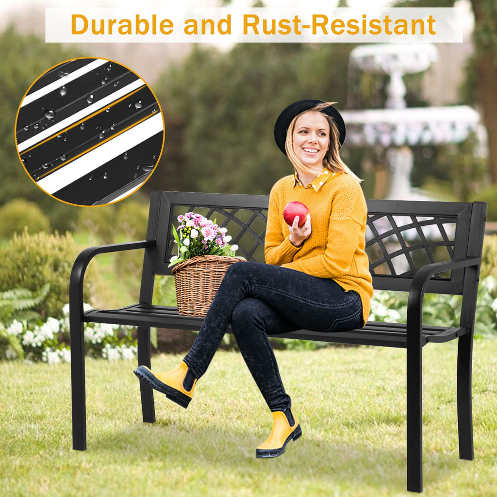 Black Cast Iron Outdoor Garden Bench with Mesh Backrest W7411