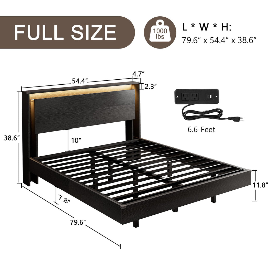 Full Size Wood Bed Frame with Storage Headboard and LED Lights X70853