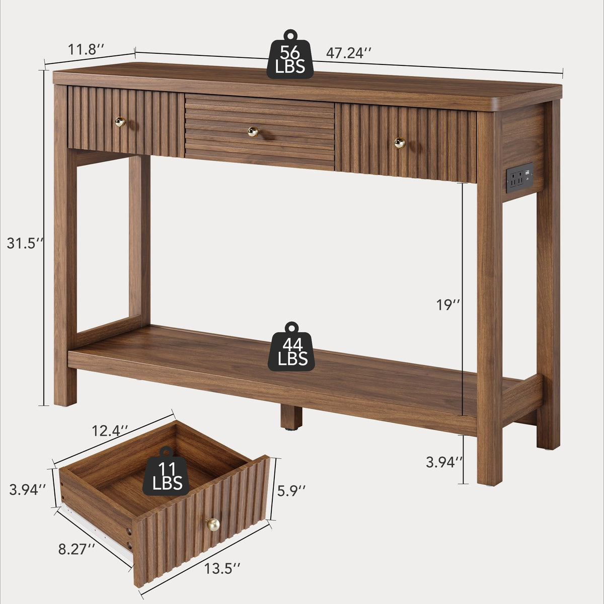 47'' Fluted Console Table with Charging Station & 3 Drawers Q38306