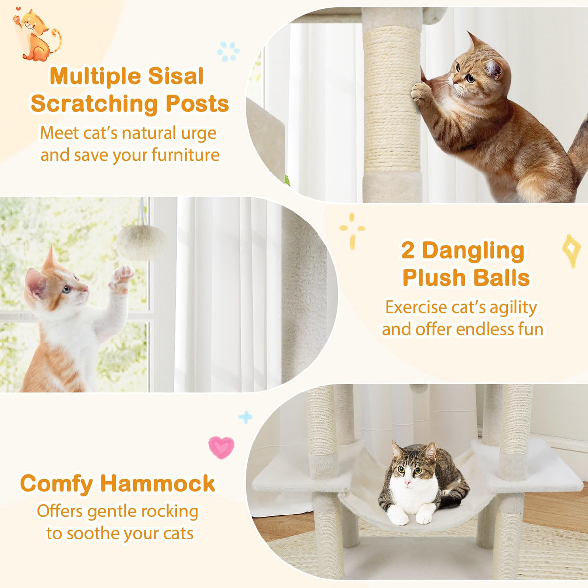 70 Inch Multi-Level Cat Tree with Sisal Scratching Posts and Condos Y50259