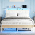 White Full Size Upholstered Platform Bed Frame with LED Lights and Storage Shelf B3924