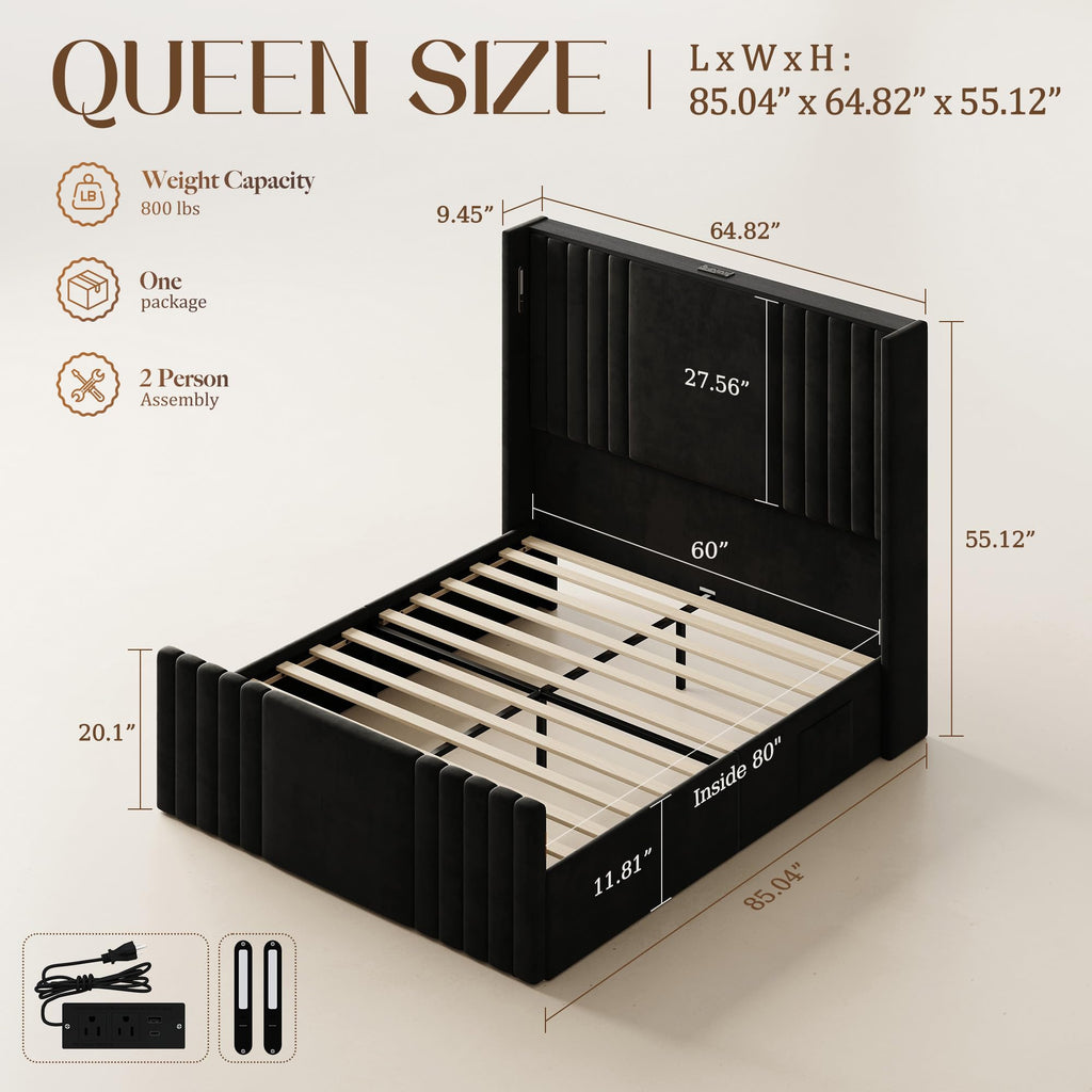 Queen Size Platform Bed Frame with Reading Lights J1907