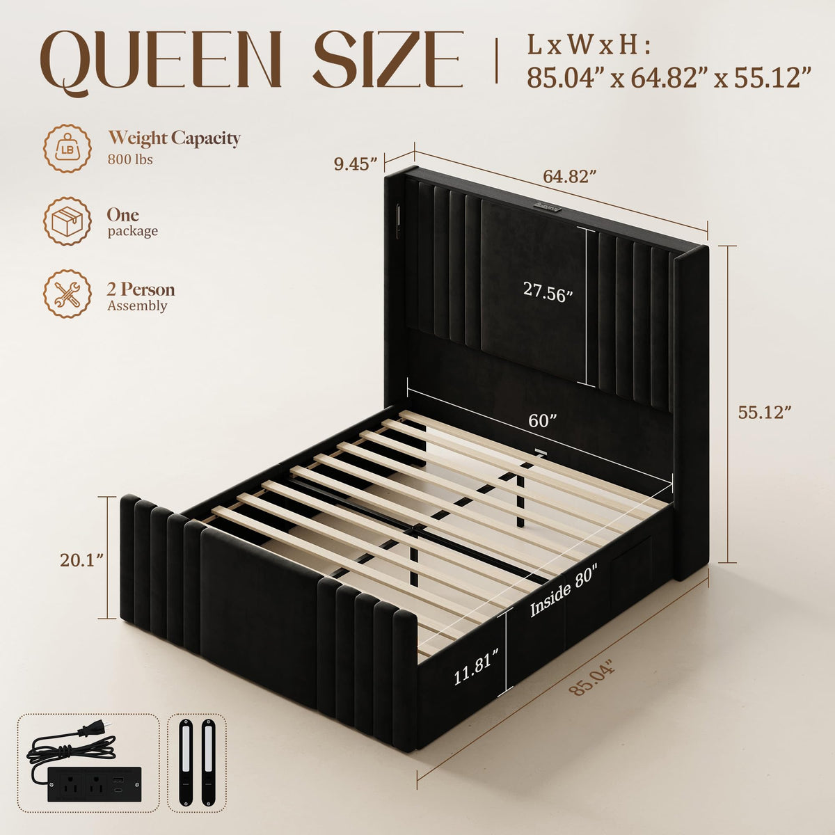 Queen Size Platform Bed Frame with Reading Lights J1907