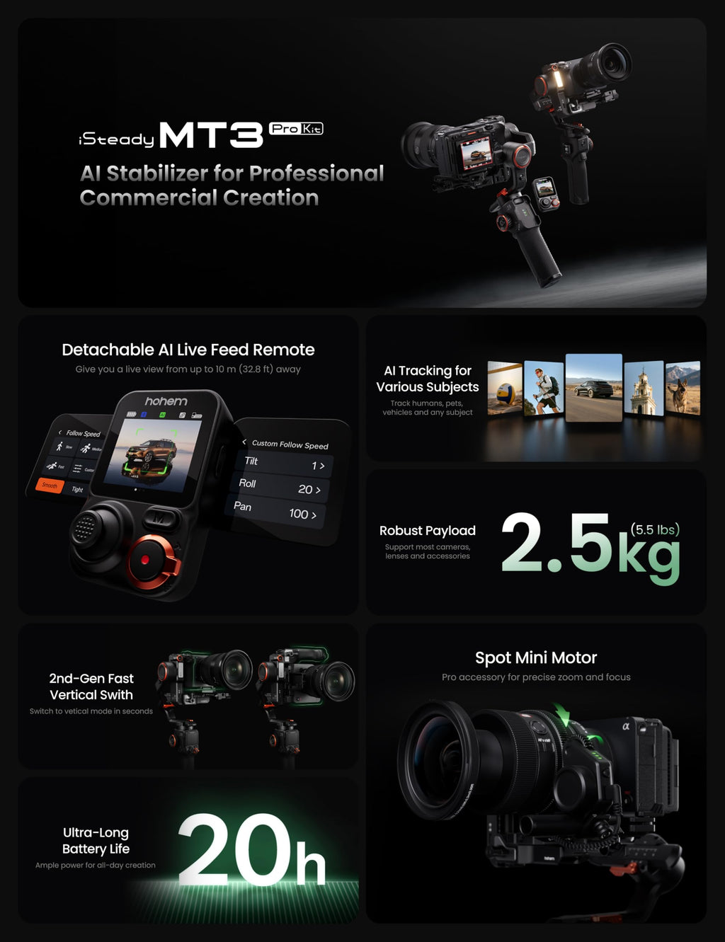 3-Axis Gimbal Stabilizer with AI Tracker and Detachable Touchscreen Control C4397