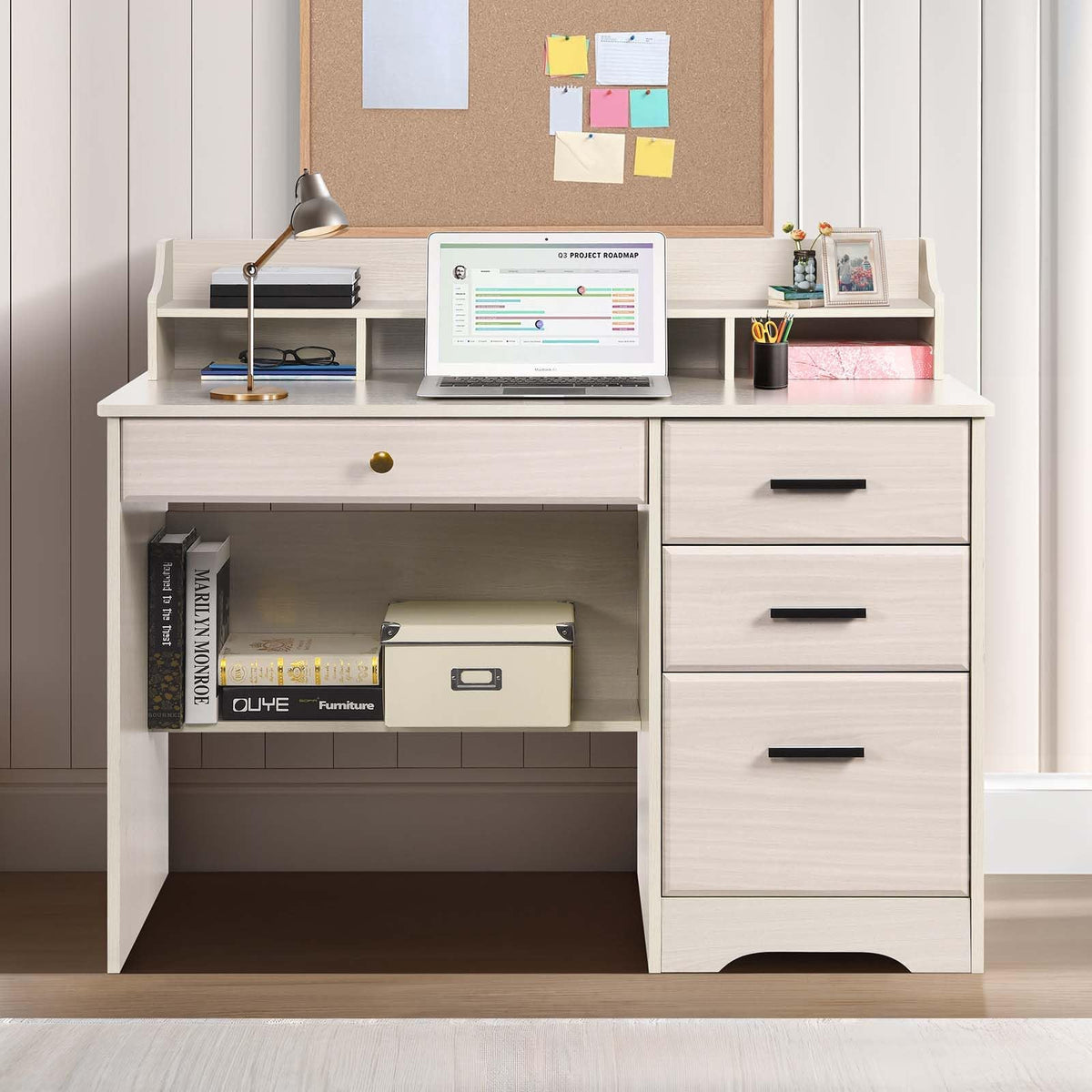 Warm White Wood Computer Desk with Drawers and Hutch J238847