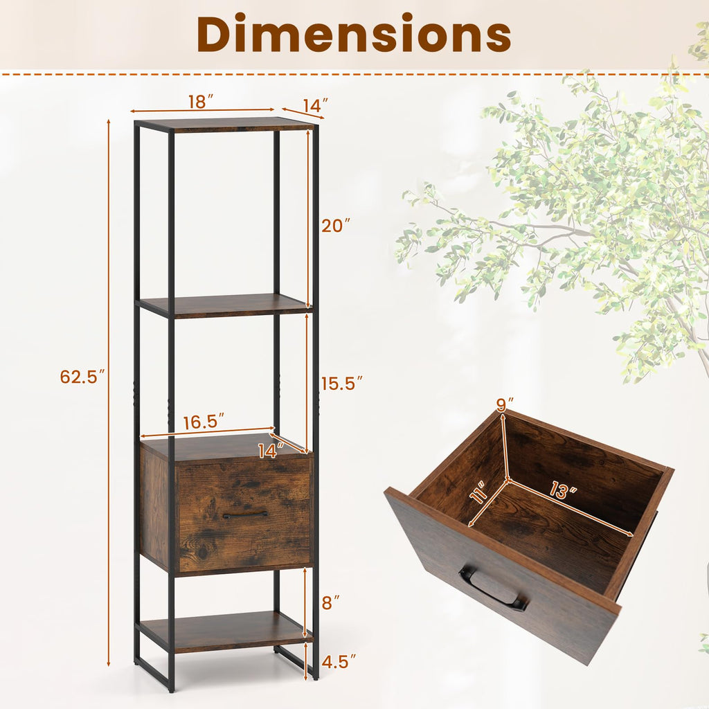 5-Tier Bookshelf with Drawer Narrow Bookcase S246680