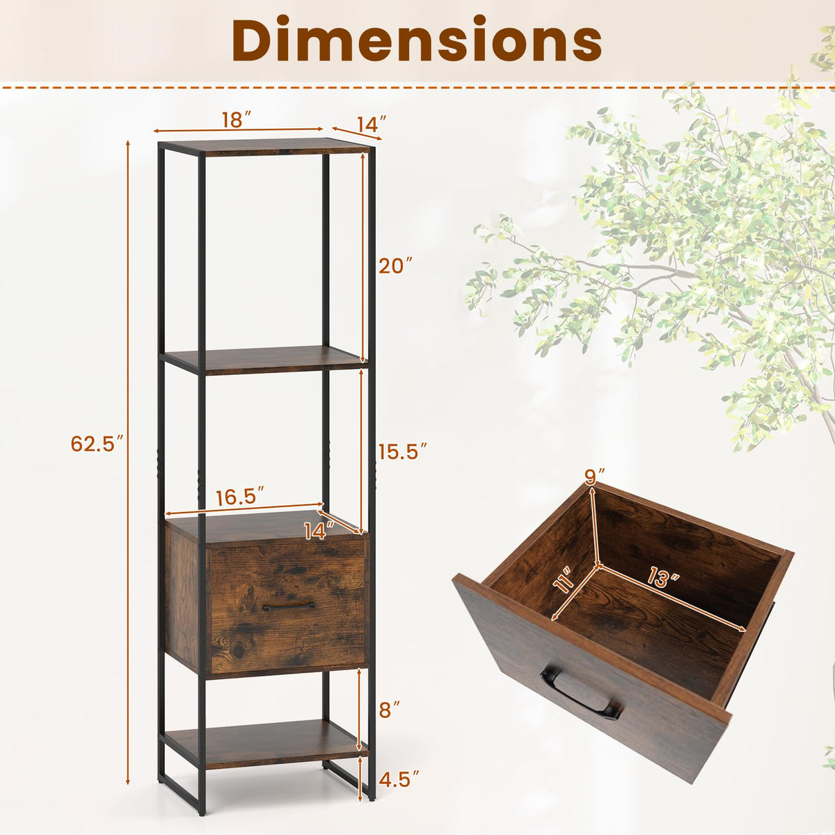 5-Tier Bookshelf with Drawer Narrow Bookcase S246680