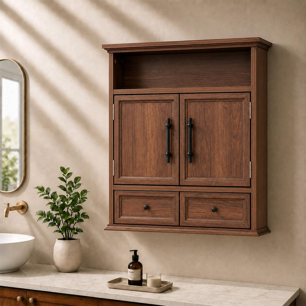 24" Wall Mounted Bathroom Storage Cabinet with Adjustable Shelf, Open Shelf, Double Doors and Drawer, Walnut M3087