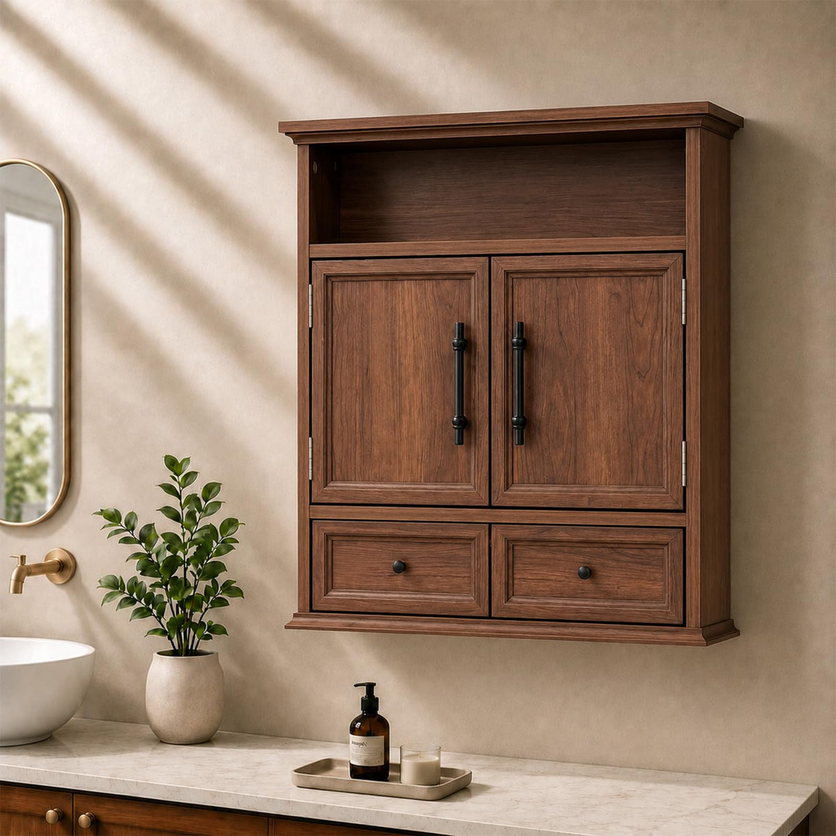 24" Wall Mounted Bathroom Storage Cabinet with Adjustable Shelf, Open Shelf, Double Doors and Drawer, Walnut M3087