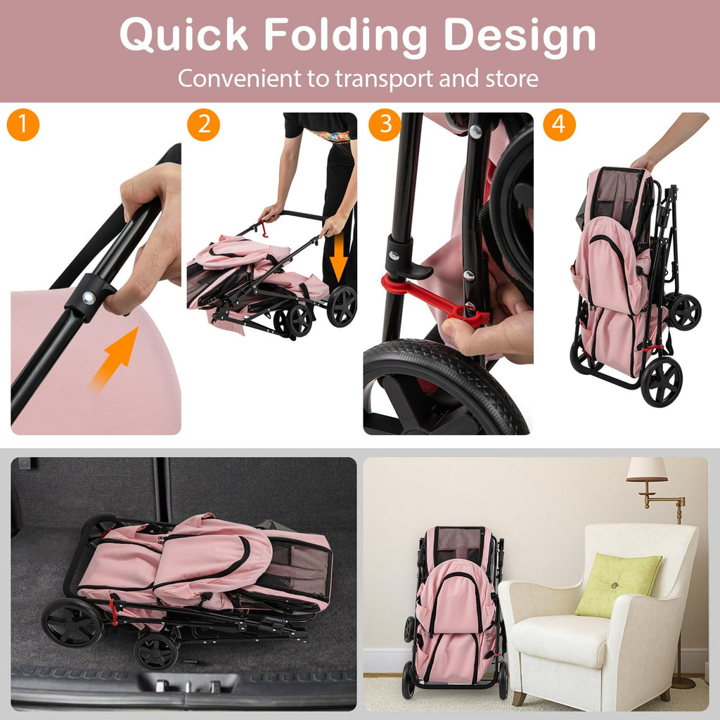 Double Pet Stroller with 2 Detachable Carrier Bags Pink C20878
