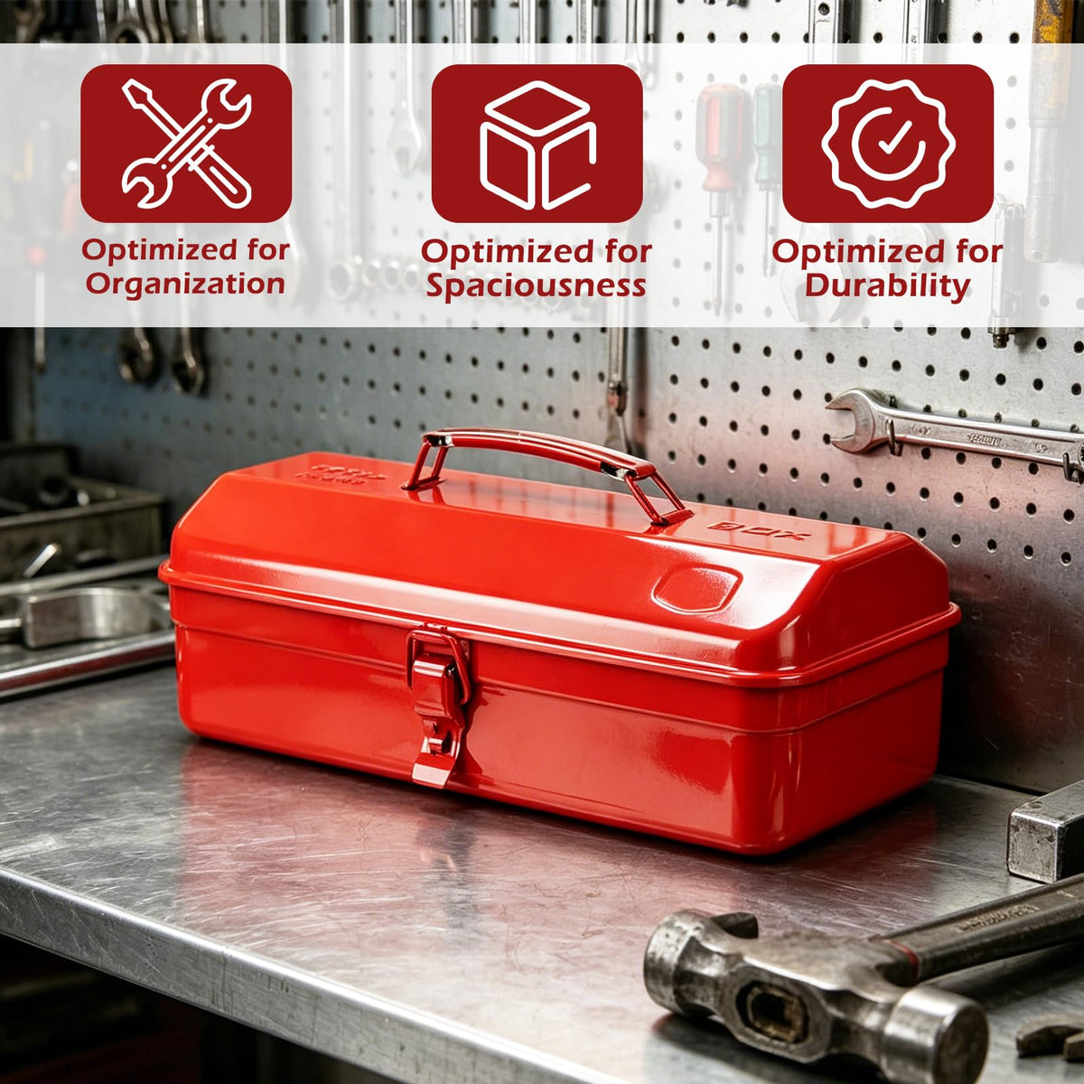 14 Inch Red Metal Tool Box with Latch and Handle F65243
