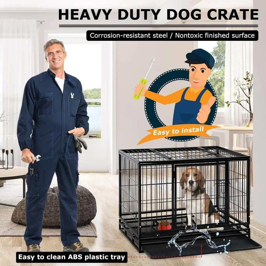 Extra Large Double-Door Heavy Duty Metal Dog Crate (Black, 48 inch) E602