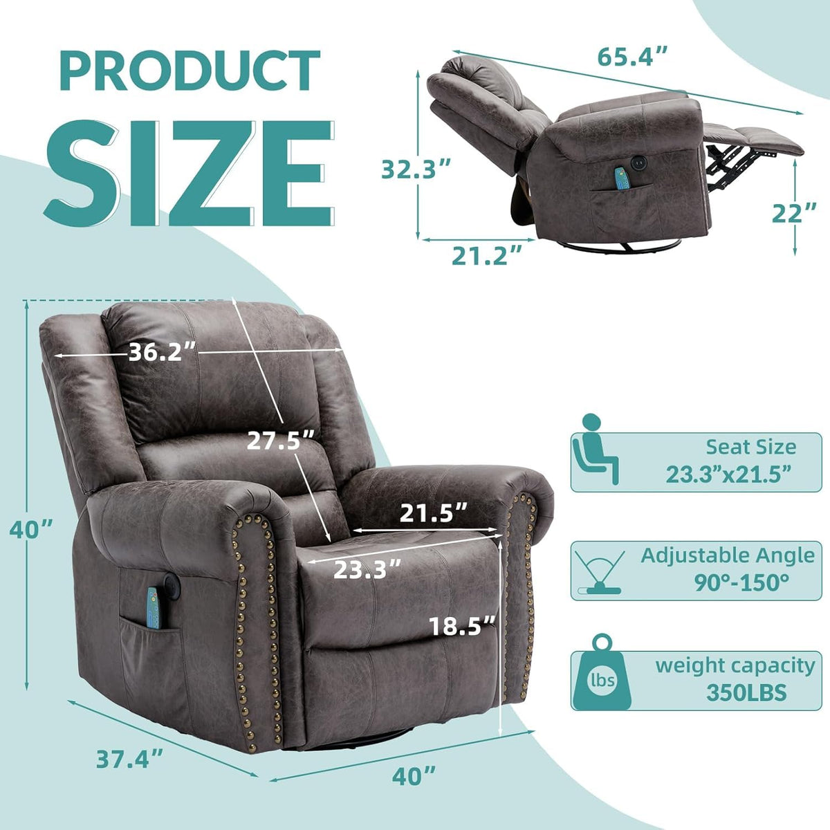 Oversized Swivel Rocker Recliner Chair with Heat and Massage H556888